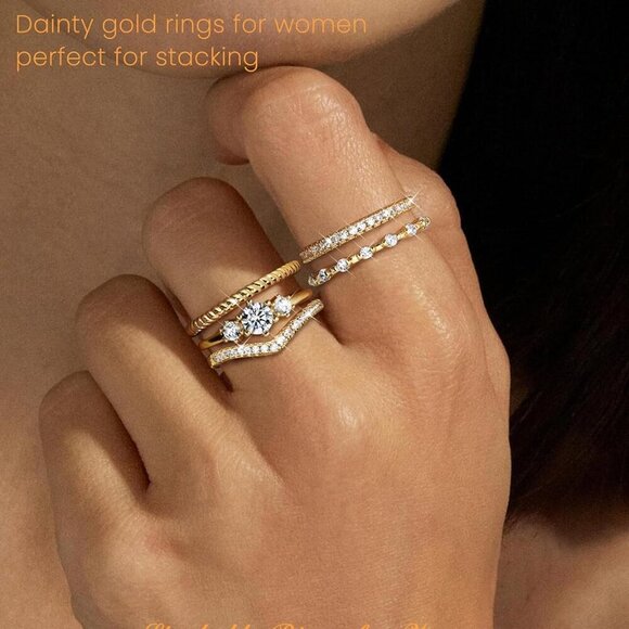 Stackable Gold Rings Brass 14K Plated Cubic Zirconia Dainty Trendy for Women - Picture 2 of 6